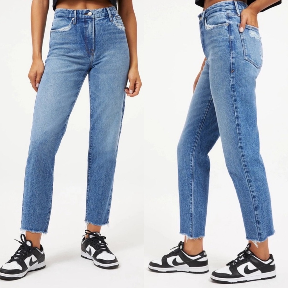 NWT Good American Good Vintage Straight Leg Jeans With Frayed Hems In Indigo116